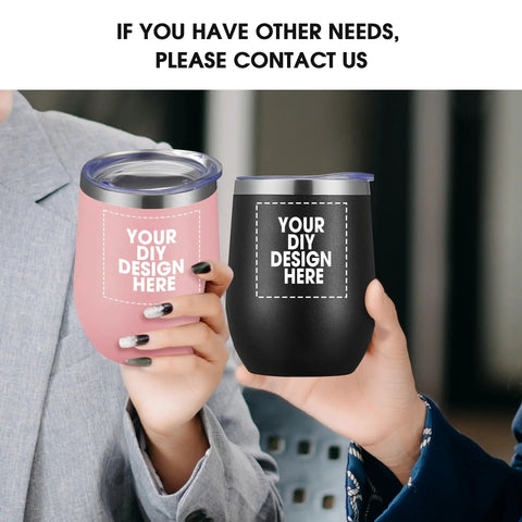 Two personalized black wine tumblers with lids and straws in hands, showcasing custom designs on stainless steel travel mugs.