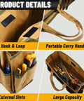 Waxed Canvas Tool Tote Bag With Large Capacity And 10 External Pockets For Garden Gear, Wrenches, And Carpentry Tools, Durable Khaki Multi Purpose Tool Carrier For Pros And DIYers On The Job showing multiple compartments, hook-and-loop closure, and portable handle.