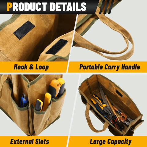 Waxed Canvas Tool Tote Bag With Large Capacity And 10 External Pockets For Garden Gear, Wrenches, And Carpentry Tools, Durable Khaki Multi Purpose Tool Carrier For Pros And DIYers On The Job showing multiple compartments, hook-and-loop closure, and portable handle.