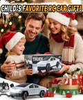 Family celebrating with All Terrain 2.4GHz RC Truck for Kids, holiday-themed gift box, surrounded by Christmas decorations.