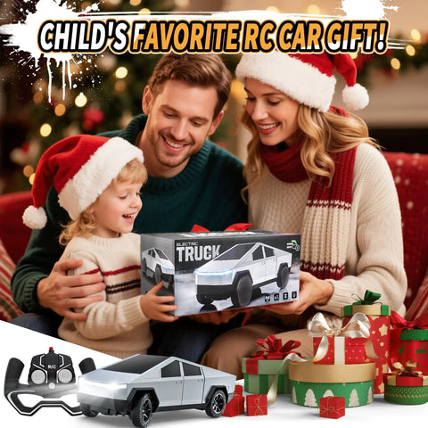 Family celebrating with All Terrain 2.4GHz RC Truck for Kids, holiday-themed gift box, surrounded by Christmas decorations.