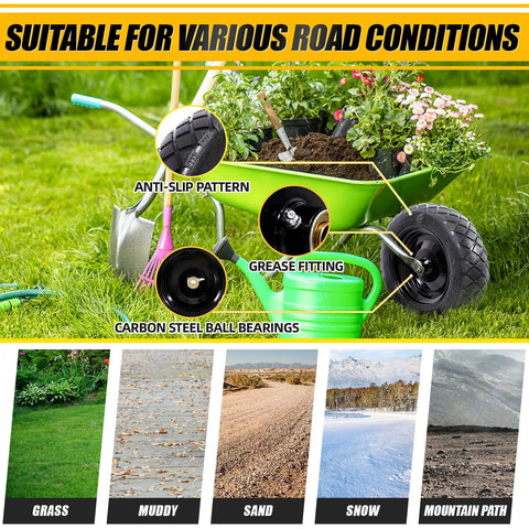 Flat Free Tire And Wheel For 15 Inch Wheelbarrow Replacement Kit, features for grass, mud, sand, snow, and mountain paths