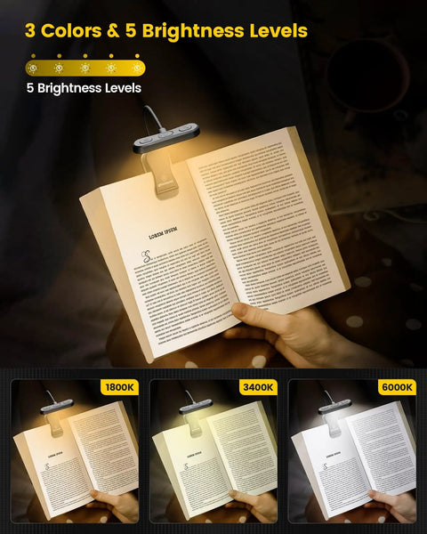 Horizontal ET-Head Reading Light For Bedtime With Eye Care, 3 Color Temperatures And 5 Brightness Levels illuminating a book page