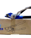 Stainless Steel Banding Tool For Strapping Tensioner And Crimping Cutter on cardboard box with blue and black handles.