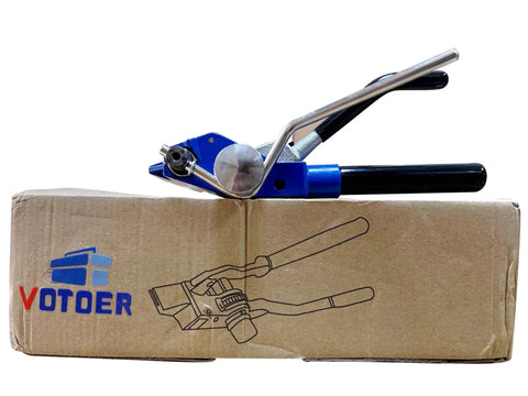 Stainless Steel Banding Tool For Strapping Tensioner And Crimping Cutter on cardboard box with blue and black handles.