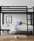Twin Over Twin Bunk Bed With Secure Side Rails And Quick Rise Ladder Heavy Duty Steel Rig Built Tough 400 Lb Weight Capacity Room Saving Sleep Stack In Fresh Black Finish in a stylish bedroom setting.