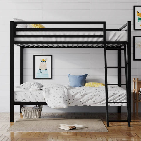Twin Over Twin Bunk Bed With Secure Side Rails And Quick Rise Ladder Heavy Duty Steel Rig Built Tough 400 Lb Weight Capacity Room Saving Sleep Stack In Fresh Black Finish in a stylish bedroom setting.