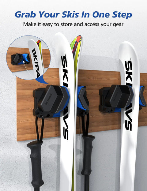 Durable Ski Wall Rack with Nonslip Rubber Grips Stores Winter Gear Safely in Garage or Shop holds skis securely for easy access.