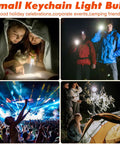 Collage of people using Pocket Sized LED Flashlights Pack Of 50 Ultra Compact 2.55 Inch Plastic Lights for various activities.