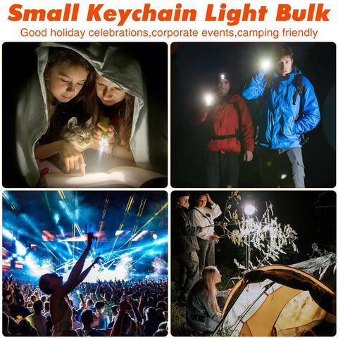 Collage of people using Pocket Sized LED Flashlights Pack Of 50 Ultra Compact 2.55 Inch Plastic Lights for various activities.