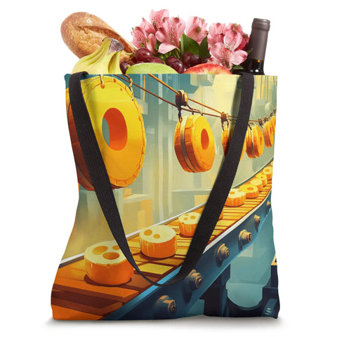 Cheese Factory Conveyor Belt Art Tote Bag For Cheese Lovers And Food Lovers Colorful Kitchen Accessory Perfect For Cheese Tasting Festivals And Culinary Events Durable Tote For Daily Use with groceries inside