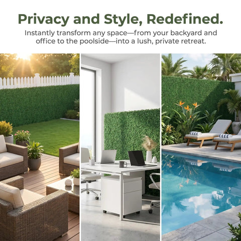 Grass Wall Panels For Balcony And Patio 40 By 120 Inch Artificial Ivy Privacy Fence Screen shown in garden, office, and poolside settings.