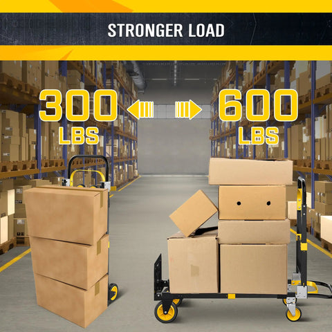 Upgraded 3-In-1 Folding Hand Truck Dolly For Home Office And Warehouse Converting From Two-Wheel Stair Climber To Four-Wheel Platform Cart Heavy Duty 600 Lb Capacity With Solid Wheels And Straps Orange, warehouse boxes on cart