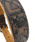 Detail of Premium Full Grain Heavy Duty Leather Dog Collar with hand-carved Celtic chains and suede padding.