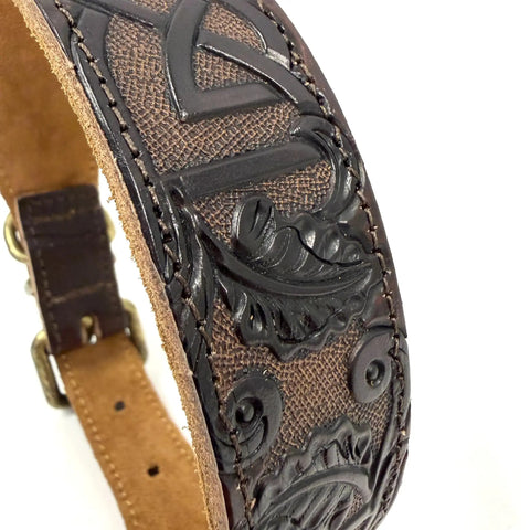 Detail of Premium Full Grain Heavy Duty Leather Dog Collar with hand-carved Celtic chains and suede padding.