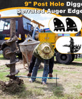 Worker using Four Piece 9 Inch Post Hole Digger Blades Serrated Auger Replacement Drill Bits For Digging Hard Soil Tree Roots And Pit Digger Accessories With Carbon Steel Spiral Edge Heavy Duty on construction site