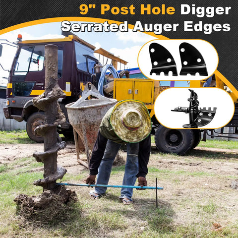 Worker using Four Piece 9 Inch Post Hole Digger Blades Serrated Auger Replacement Drill Bits For Digging Hard Soil Tree Roots And Pit Digger Accessories With Carbon Steel Spiral Edge Heavy Duty on construction site