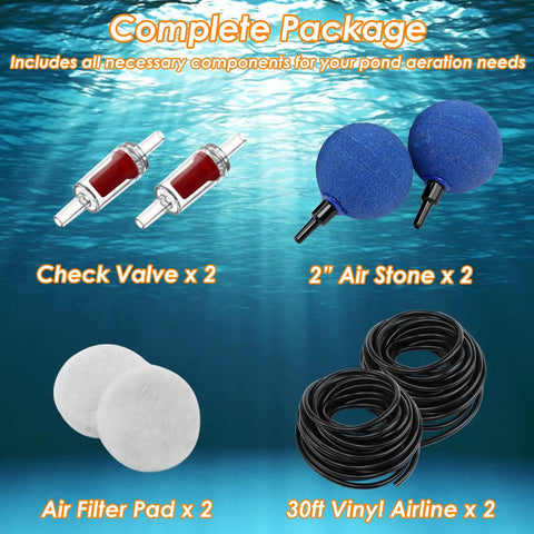 All In One Pond Aerator Kit With Check Valves Air Stones And Airline Tubing For Outdoor Ponds Up To 1000 Gallons No Fuss Easy Setup