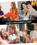 Collage of friends giving and receiving gifts in various settings with text 'Share it with friends in need'.