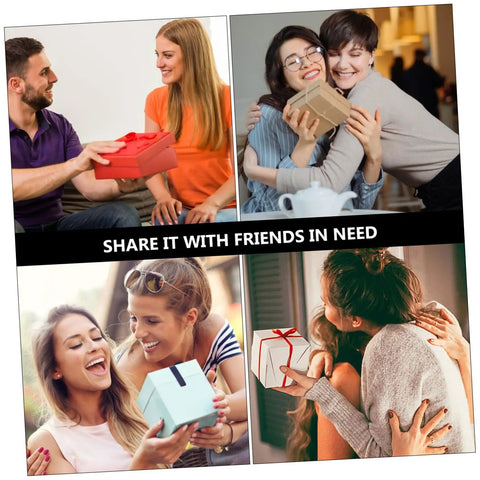 Collage of friends giving and receiving gifts in various settings with text 'Share it with friends in need'.