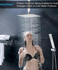 Woman showering under Brushed Nickel Rain Shower System With 10 Inch Rain Head And Handheld in modern bathroom.