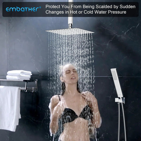 Woman showering under Brushed Nickel Rain Shower System With 10 Inch Rain Head And Handheld in modern bathroom.