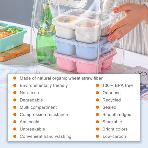 Kids Bento Box Set 4 Pack With 3 Compartments For Meal Prep, stackable colorful lunch containers made from wheat straw