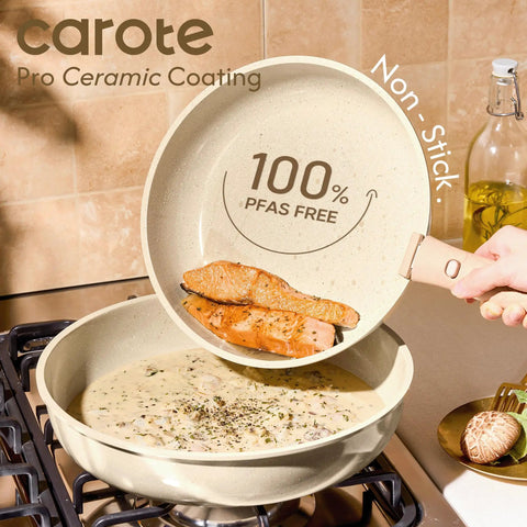 25 Piece Ceramic Cookware Set With Removable Handles, Nonstick Pots And Pans showing PFAS free label while cooking salmon