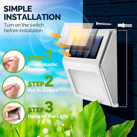 12 Pack Solar Fence Lights Outdoor Waterproof LED Step Lighting installation guide with stainless steel design.