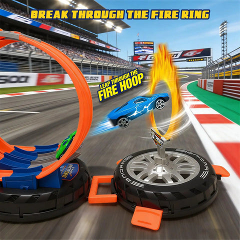 Transformable Tire Race Track Set For Kids 3 To 8 With Portable Handle Double Track Course 360 Degree Loops Two Racing Cars Awesome Racing Toy Playset Birthday Gift For Boys And Girls showing a car leaping through a fire hoop.
