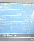 Top Shelf 450 Amp 600 Volt Three Pole Industrial Circuit Breaker showing specifications and current ratings.