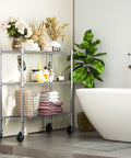 Three Tier Storage Shelves On Casters Heavy Duty Chrome Metal Shelving With Locking Wheels, Rust Resistant Garage Organizer For Home, Workshop Or Laundry, Mobile Shelving Rack in bathroom with towels