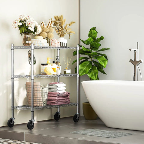 Three Tier Storage Shelves On Casters Heavy Duty Chrome Metal Shelving With Locking Wheels, Rust Resistant Garage Organizer For Home, Workshop Or Laundry, Mobile Shelving Rack in bathroom with towels