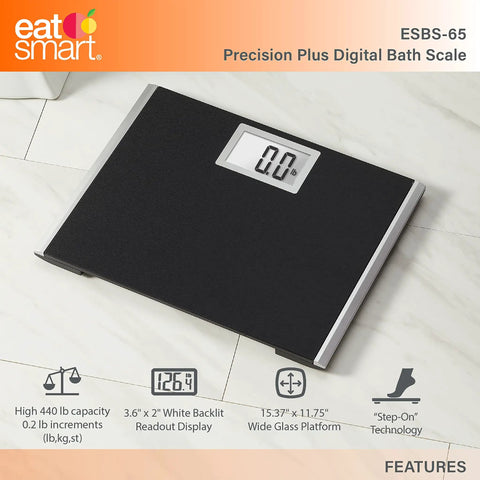 Heavy Duty Body Weight Scale With Extra Wide 15 Inch By 13 Inch Platform Built Tough For Comfortable Feet Fingerprint Resistant Glass Base Ultra Large Backlit LCD 440 Pound Capacity Easy Read Display For Quick Everyday Weights