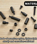 410Piece M2.5 Nylon Motherboard Standoffs Kit With Male And Female Hex Spacers, Screws And Nuts For Circuit Boards And PCBs, Durable, Corrosion Resistant, Non Toxic Hardware Set For Reliable Builds. Black nylon hex spacers, screws and nuts for PCB mounting