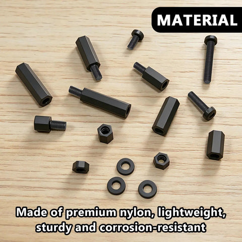 410Piece M2.5 Nylon Motherboard Standoffs Kit With Male And Female Hex Spacers, Screws And Nuts For Circuit Boards And PCBs, Durable, Corrosion Resistant, Non Toxic Hardware Set For Reliable Builds. Black nylon hex spacers, screws and nuts for PCB mounting