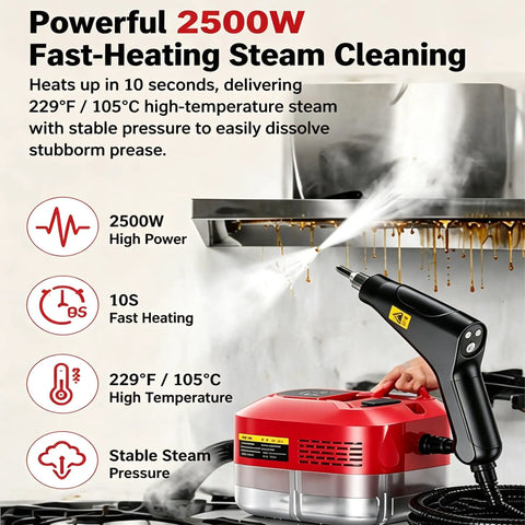 Powerful 2500W Handheld Steam Cleaner With Six Adjustable Settings, Portable Multi Surface Cleaner For Kitchen in red.