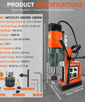 1800W 2 Inch Magnetic Drill Press With 3102 Lbf Holding Force, 760 Rpm Electric Core Boring Machine shown with specifications.