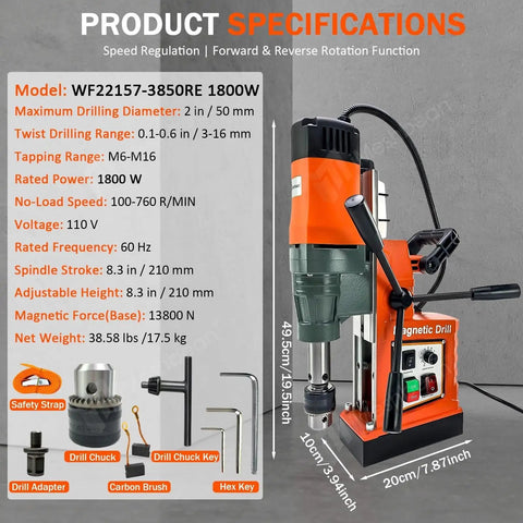 1800W 2 Inch Magnetic Drill Press With 3102 Lbf Holding Force, 760 Rpm Electric Core Boring Machine shown with specifications.