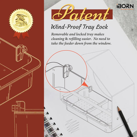 Diagram showing the 2026 Window Bird Feeder with windproof tray lock and removable tray, designed for easy mounting on windows.
