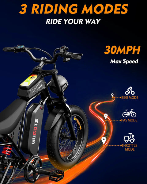 Close-up of Powerful 2500 Watt Fat Tire Electric Bike For Adults And Teens with 3 riding modes and 30 MPH max speed