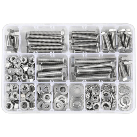 Heavy-Duty 288Pcs Hex Bolts And Nuts Assortment Kit in 304 Stainless Steel with 1/4-20 5/16-18 3/8-16 Sizes Includes Lock Nuts and Washers for Automotive Repair and Home Projects That Are Hella Tough and Built to Last organized in a storage case.