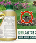Bottle of Castor Oil Mole And Vole Repellent For Lawns And Gardens on grass with illustrated mole.