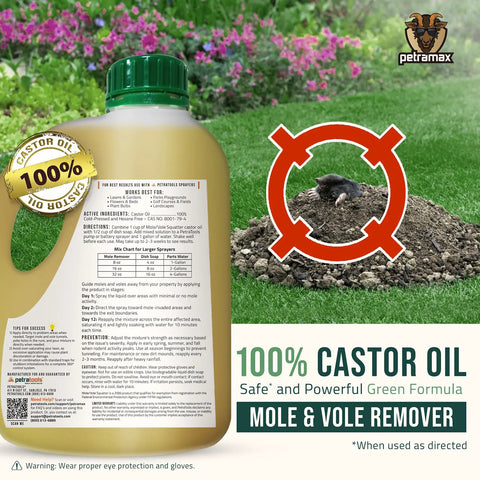Bottle of Castor Oil Mole And Vole Repellent For Lawns And Gardens on grass with illustrated mole.