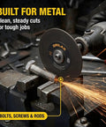 Heavy Duty 50 Pack Rotary Tool Metal Cutting Discs with Four Mandrels cutting metal rod in vice, sparks flying, workshop setting