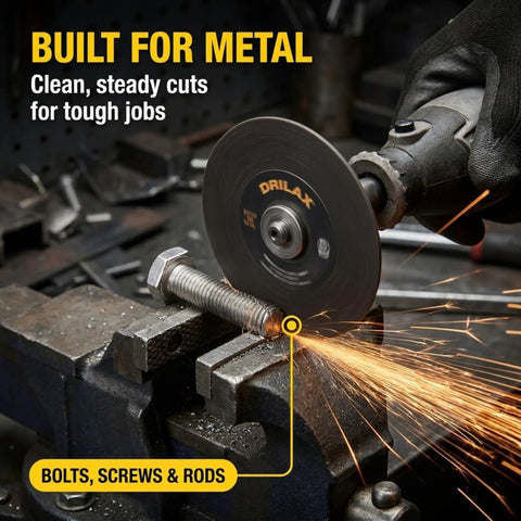 Heavy Duty 50 Pack Rotary Tool Metal Cutting Discs with Four Mandrels cutting metal rod in vice, sparks flying, workshop setting