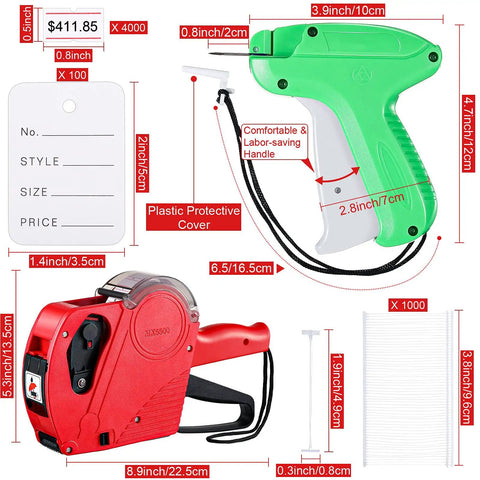 Big Batch Clothing Price Tag Kit With Garment Label Applicator Parts Ink Rollers Plastic Barbs And Paper Tags For Retail Store Tagging And Boutique Setup No Sweat, showing tag applicator gun and accessories.
