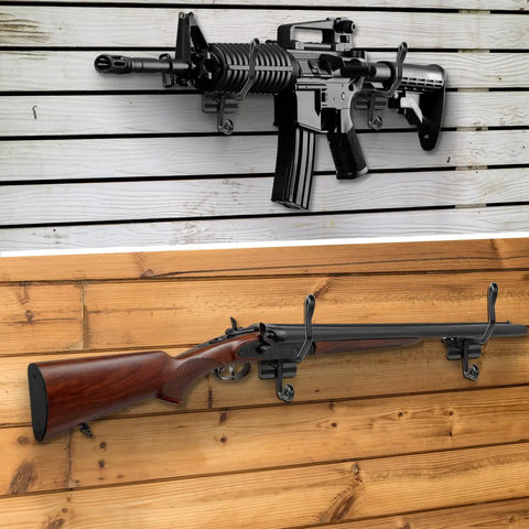 Gun Rack Wall Mount Kit with 12 Vinyl Coated Steel Hooks for Slatwall, displaying rifle and shotgun on wooden panels.