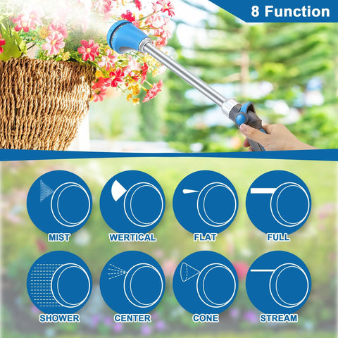 Heavy Duty 18 Inch Metal Watering Wand For Garden Hose With Thumb Control And 8 Spray Patterns Long Reach Sprayer illustration.