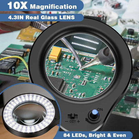 10X Magnifying Glass With Light And Stand For Close Work, viewing circuit board, 4.3-inch lens, LED, hands-free clamp design